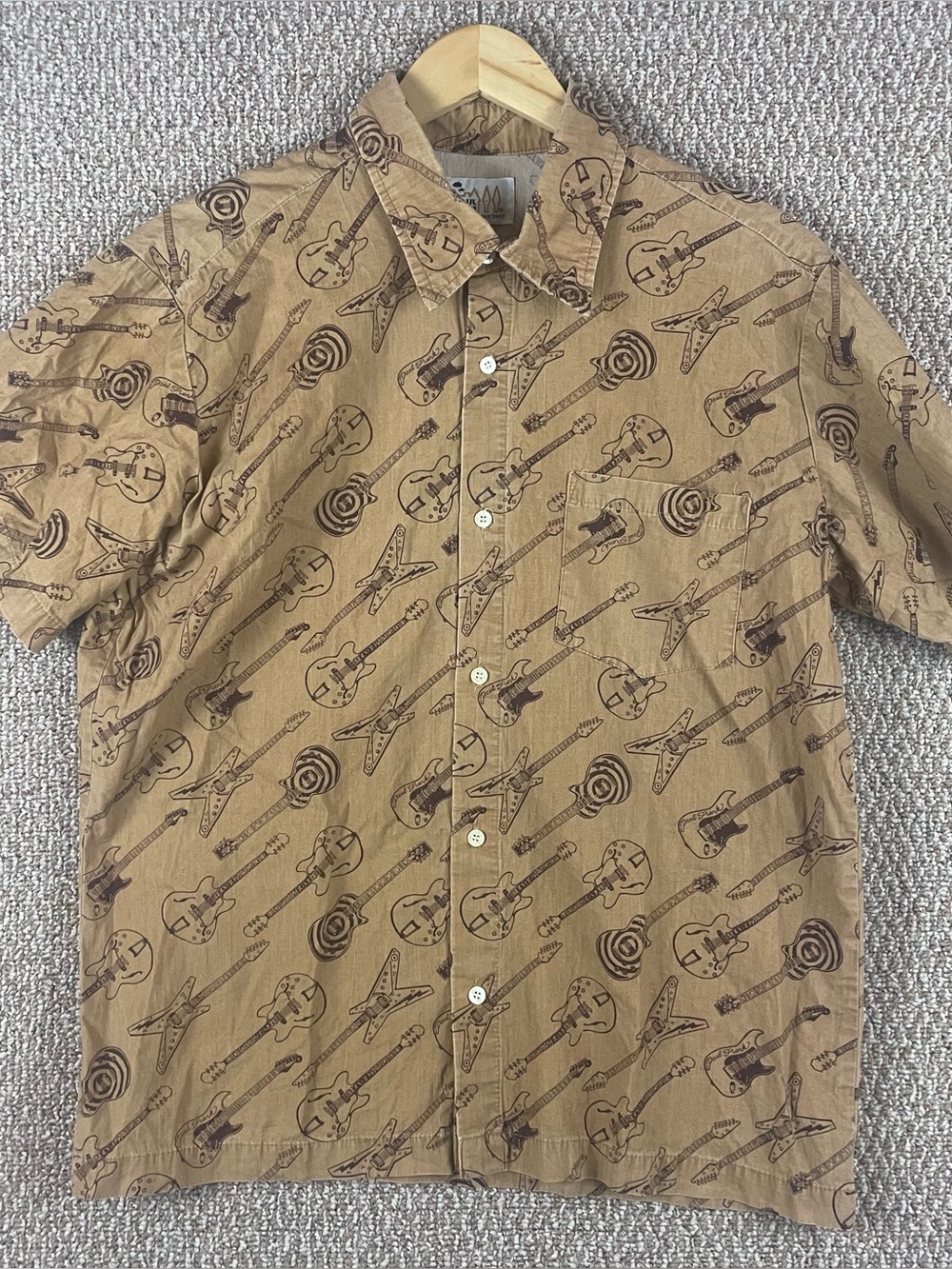 Vintage Paul Frank Shirt Mens Large Guitar Motif Brown USA 90s Y2K Rockabilly Ws